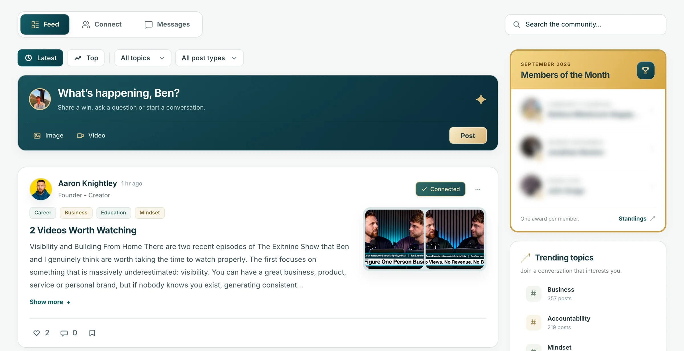 The Exitnine community feed with a post from co-founder Aaron Knightley, topic filters and the Members of the Month panel